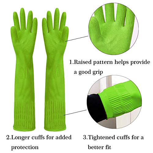 Malier Pack of 2 Pairs Rubber Cleaning Gloves, Extended Kitchen Dishwashing Gloves, Waterproof Reusable Household Cleaning Gloves with Cleaning Cloth (Medium, Green)