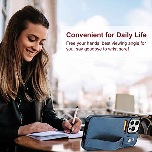 Vofolen for iPhone 13 Pro Max Case Wallet Protective Case with Credit Card Holder, PU Leather Shockproof Shell with Wrist Strap Kickstand Cover Compatible with iPhone 13 Pro Max 6.7 inch, Blue