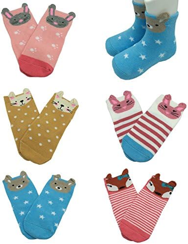 FlyingP Baby Girls Socks 5 Pairs Anti Skid Slip Socks Non Skid Ankle Cotton Cartoon Socks with Grip Baby Walker for 12-36 Months Baby