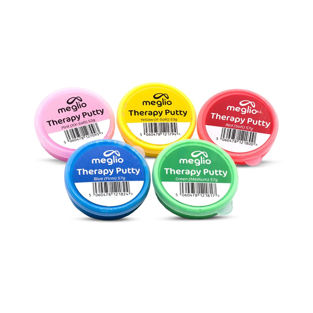 Meglio Hand Therapy Putty - Premium Pack of 5 Strength Training, Color Coded Tubs 57g, Stress Relief Hand Exercise Putty for Adults & Childrens, Variable Resistive Strength