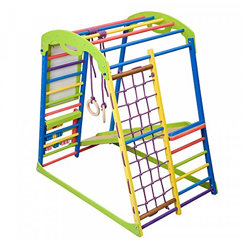 Dani LLC Indoor Wooden Playground for Kids SportWood Indoor Gym Sets Up Climbing Ladder Swing Slide and Rings (SportWood Plus)