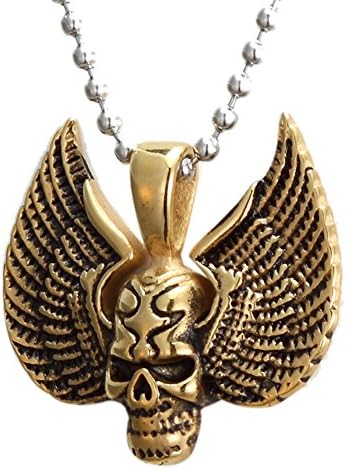 Stainless Steel Silver/Gold/Black Skull Wings Mens Biker Rocker Pendant Necklace