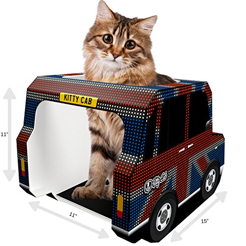 NEW YEAR DEAL - CAT HOUSE, CONDO & CATS CAVE â€“ Top Rated Cardboard Tower for Scratching, Sleep or Play â€“ FREE Toys & EBook included â€“ Pet Bed (UNION JACK TAXI)