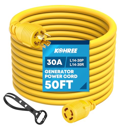 Kohree Nema L14-30 Generator Cord 30 Amp 4 Prong 50FT, Heavy Duty Generator Power Locking Cord for Manual Transfer Switch, Electric Extension Wire 10 Gauge 125/250V, 7500W with Cord Organizer