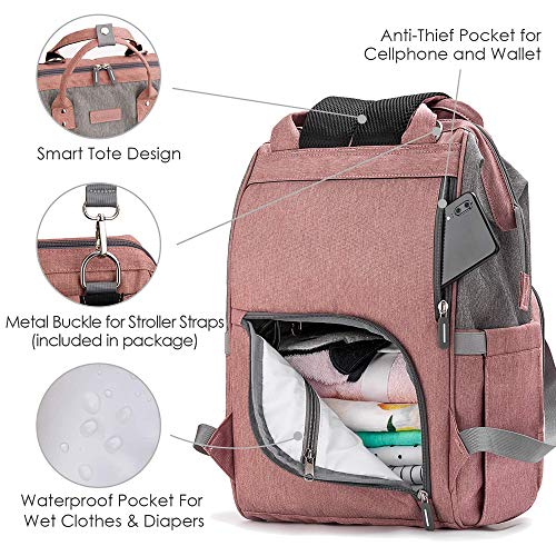 upsimples Diaper Bag Backpack Nappy Bag Baby Bags for Mom and Dad Maternity Diaper Bag with USB Charging Port Stroller Straps Thermal Pockets,Water Resistant, Pink Grey