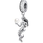 Mermaid Pendant Charms Holding Pearl fit Pandora Ocean Bracelet, 925 Sterling Silver Little Mermaid Princess Ariel Dangle Sea Life Beads, Gifts for Sister/Mother/Valentines
