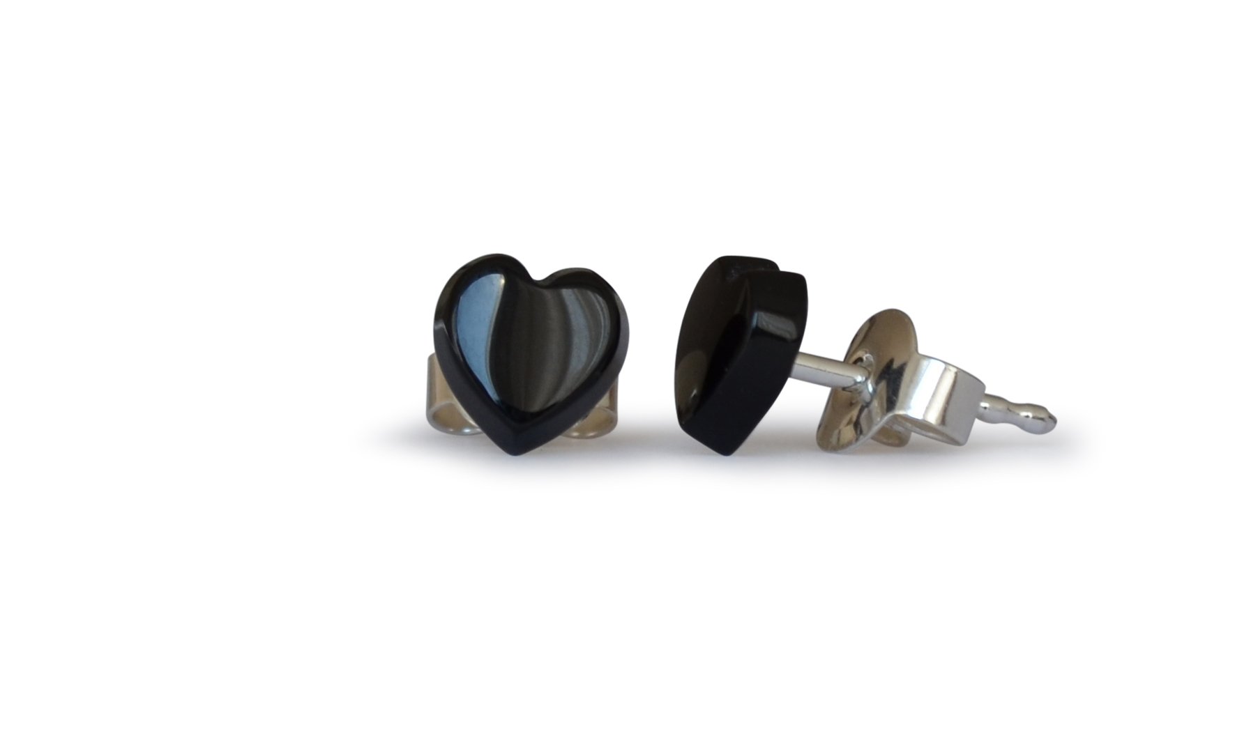 Onyx stud earrings, natural, heart, 6mm, 925 silver