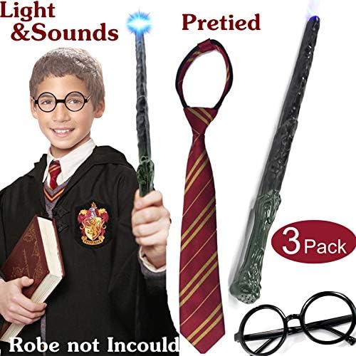 Harry Potter Gryffindor Tie,Wizard Glasses,Harry Potter Wand Set Light Sound Halloween Costume Accessories
