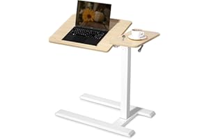 SIHOO D01 Medical Adjustable Tilt Overbed Bedside Table with Wheels Pneumatic Mobile Standing Laptop Desk Rolling Computer Cart Movable Bed Hospital Home Use （White Oak）