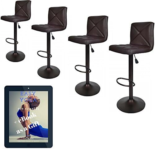 Vintage Bar Stools With Back Set of 4 Brown PU Leather 24 Inch to 32 Inch | Modern 360 Degree Adunited Ajustable Swivel Seat Barstools Hydraulic Chair 2 Pcs Free Gift Yoga eBook