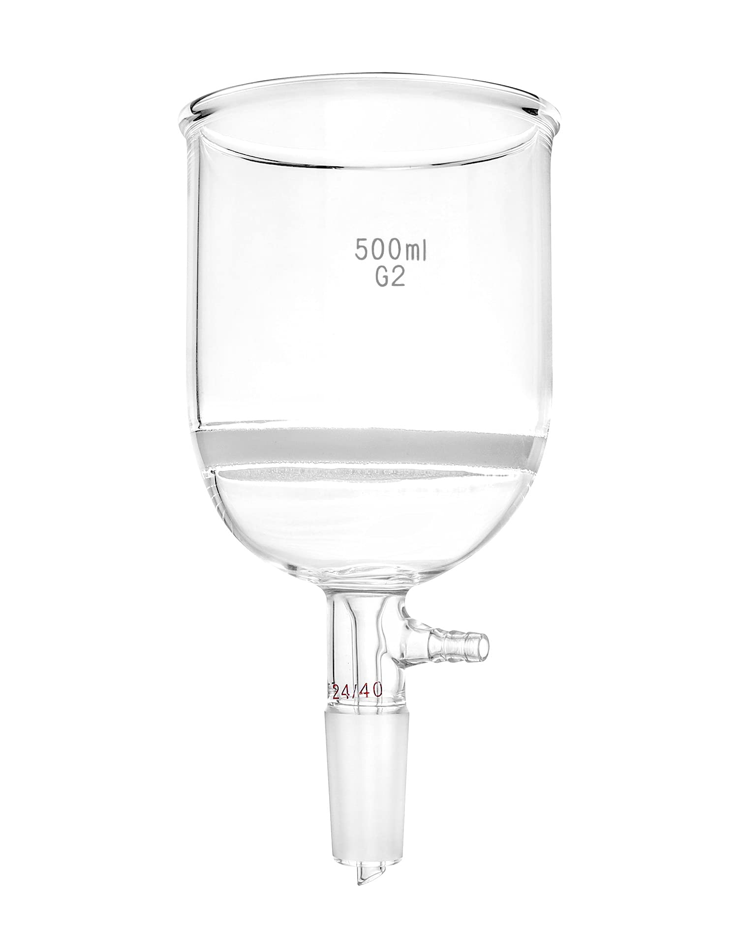 Photo 1 of QWORK 500ml Filtering Buchner Funnel Medium Frit (G2) Lab Glassware with Standard 24/40 Joint and Vacuum Serrated Tubulation, 94mm I.D, 100mm Depth