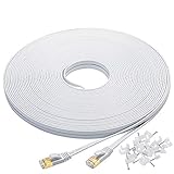 Cat 7 Ethernet Cable 100 Feet, Flat Internet Cable with Gold Plated Rj45 Connectors, Long Durable High Speed Lan Cable with Clips for Gaming, Router, Modem, Xbox – White
