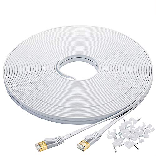 Cat-7 Ethernet Cable 100 ft White Flat Cable Clips, Shielded RJ45 Connectors, High Speed 10 Gigabit LAN Network Patch Cable, Faster Than Cat6 Cat5e