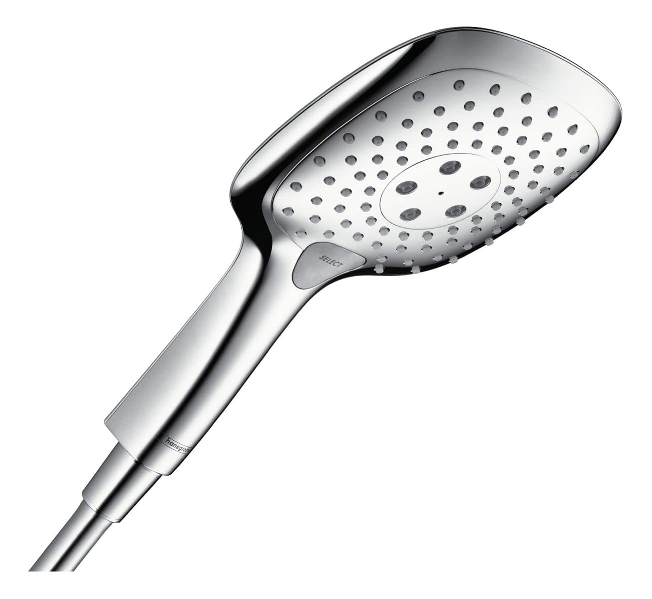 hansgrohe Raindance Select E - shower head, hand shower square (150 x 150 mm) with 3 sprays, with anti-limescale function, chrome, 26550000
