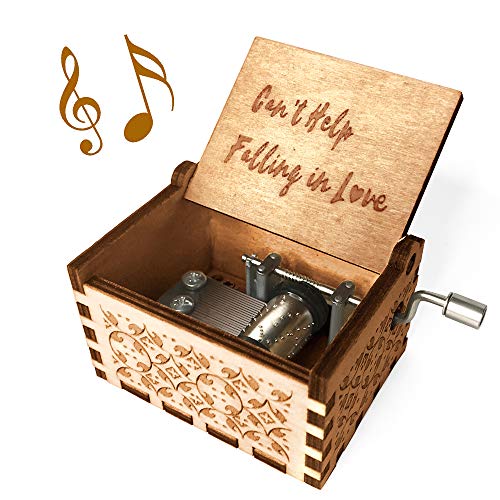 Ucuber Music Box for Valentine's Day - Wood Laser Engraved Vintage Hand Cranked Cute Boxes | Can't Help Falling in Love | Best Gifts for Wedding Day/Christmas Day/Birthday