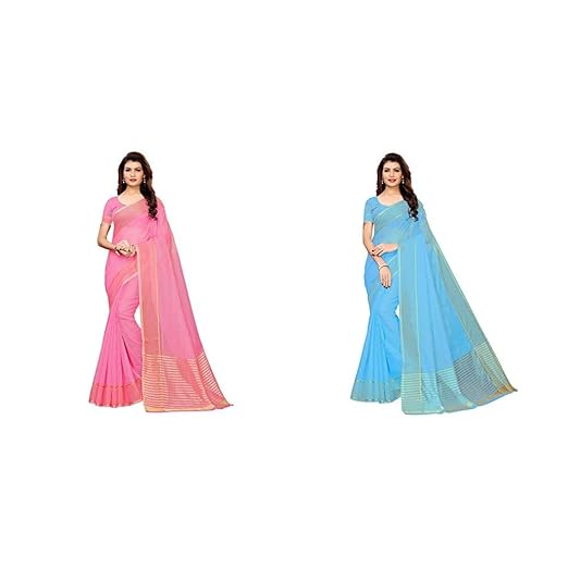 Cotton with Blouse Piece Saree (Club-Pink IND Free Size) + GoSriKi Art Cotton Silk Sky Blue Saree with Blouse Piece (Club-Sky IND Blue_Free Size)