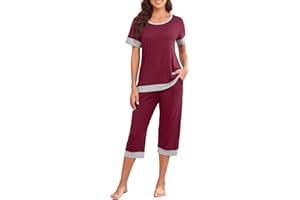 Kinrui Womens Summer Pajama Sets 2 Piece Capri Outfits Classic Tees Lounge Pants with Pockets Ultra Soft Sleepwear Casual Pjs