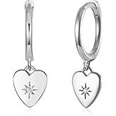Solid 925 Sterling Silver CZ Heart Dangle Hoop Earrings for Women, Dainty Drop Huggie Earrings with Charm Jewelry Gift for Her