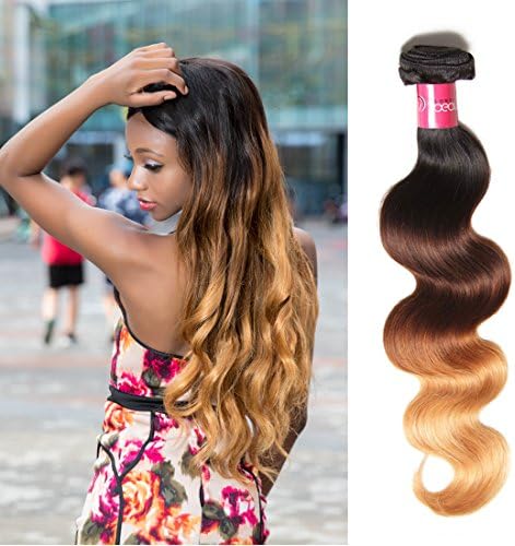 Sunber Ombre Brazilian Hair Bundles Body Wave 12A Grade Human Virgin Hair One Bundles 3 Tone 1B/4/27 Color Hair Extensions 20Inch T1B/4/27 Color