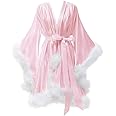 Changuan Women's Feather Robe Silk Satin Fur Bridal Robe Short Dressing Gown Lingerie Nightgown Bathrobe Sleepwear