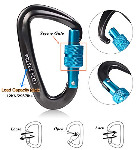 STURME Carabiner Clip 12KN Aluminium Wiregate Lightweight Heavy Duty Large Strong Durable D-Ring Hooks Spring Snap Link Keychain Clips Set for Hammock Improved Design 2018 (Black)