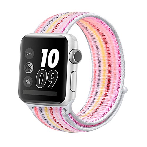 Hisri Watch Sport Loop Band,Lightweight Breathable Nylon Replacement Strap for Apple Watch Nike+, Series 1, Series 2, Series 3, Sport, Edition,Color Stripes Style,38mm 42mm (Pink Streak, 38mm Watch)