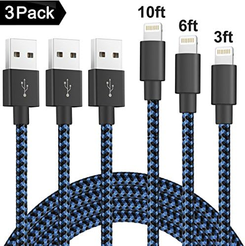 Lightning Cable, Znines 3Pack 3FT 6FT 10FT Nylon Braided 8 Pin Lightning to USB Sync and Charging Cable for Apple iPhone 7/7 Plus/6/6s/6 Plus/6s Plus/5/5c/5s/SE,iPad iPod Nano iPod Touch(Blue)