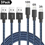 Lightning Cable, Znines 3Pack 3FT 6FT 10FT Nylon Braided 8 Pin Lightning to USB Sync and Charging Cable for Apple iPhone 7/7 Plus/6/6s/6 Plus/6s Plus/5/5c/5s/SE,iPad iPod Nano iPod Touch(Blue)