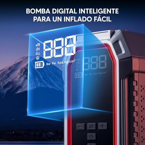 5000A Arrancador de Coche con Compresor de Aire 160 PSI, Inflador de Neumáticos, Banco de Energía para Vehículos de 12V Gasolina 9L Diésel 8L, Incluye Pantalla LCD, Luz LED y Cables de Puente, plata