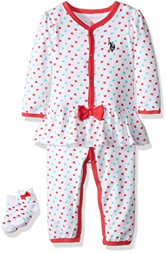 U.S. Polo Assn. Baby Girls' Long Sleeve Skirted Romper With Socks, Tea Berry, 6/9M