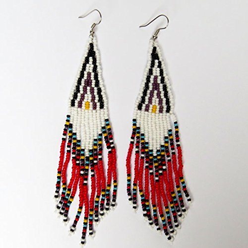 African Zulu beaded earrings - Long chandelier - White / red