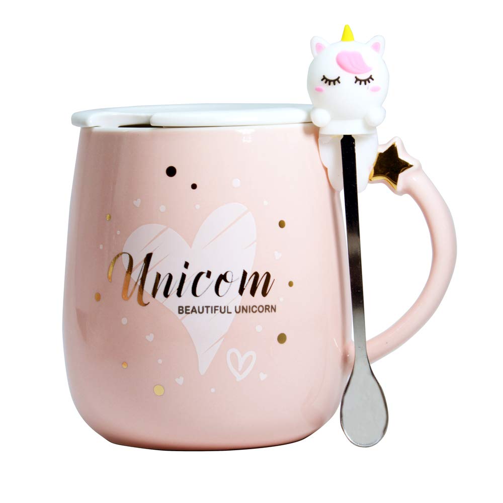 Yalucky Pink Cute Unicorn Ceramic Mug Novelty Office Birthday Christmas Coffee Gift Milk Tea Cup Present with Lid and Spoon for Women Girls Kids