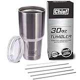 Chief 30oz Stainless Steel Tumbler Bundle With Premium Quality 18/8 Stainless Steel Insulated Tumbler Cup + 4 Stainless Steel Straws + Straw Cleaner