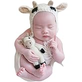 Vedory Newborn Baby Photo Prop Boy Girl Photo Shoot Outfits Crochet Knitted Clothes Cows Animal Hat Blanket Set Photography Shoot