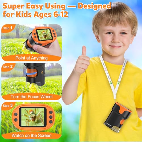 Digital Microscope for Kids Ages 6-12: 4K 2.0" Screen USB Portable Miniscope Rechargeable Handheld Coin Magnifying Glass Edu Science STEM Toy Gift for Boys Girls Christmas w/ 32G Card EVA Case