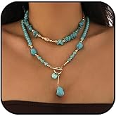 PZKQSAC Gold Turquoise Beaded Necklace for Women Layered Bead Necklaces Vintage Turquoises Choker Necklace Boho Turquoises Jewelry Western Handmade Toggle Jewelry