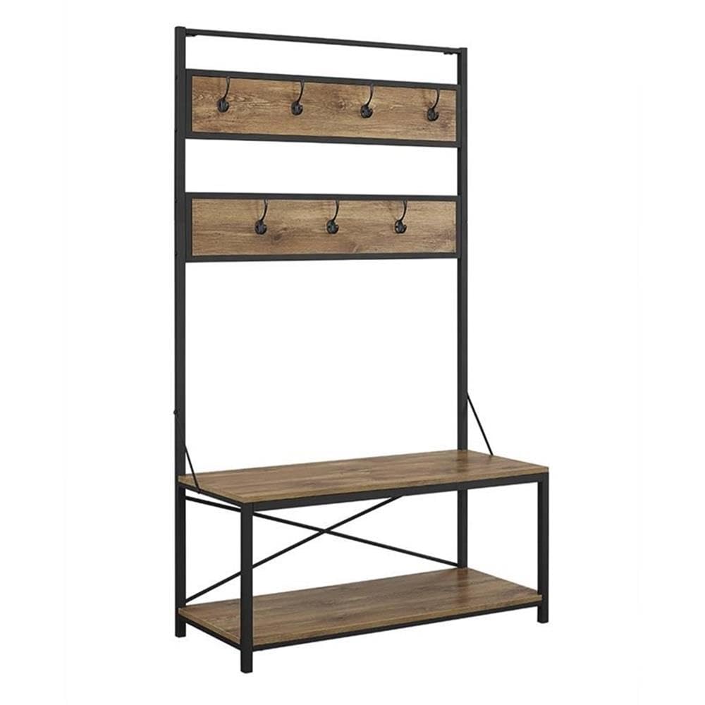 Walker Edison WE Furniture Hall Tree Coat Rack Shoe Bench Entryway organiser 2-Tier Storage Shelf with 7 Hooks, Powder-Coated Metal, Barnwood, One Size