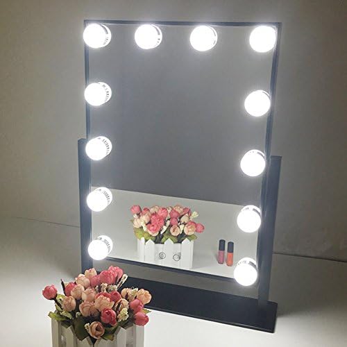 Aoleen Hollywood Makeup Vanity Mirror with Light Dimmable Lighted Tabletop Mirror with LED Bulbs Two Kinds of Light Color Conversion (Black)