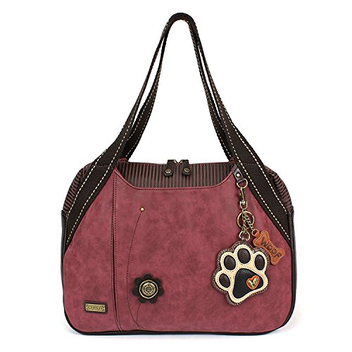 Chala Large Bowling Tote Bag with coin purse Burgundy (Ivory Paw Print Burgundy)