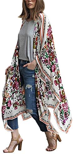 QIUYEJUO Women's Swimsuit Striped Beach Cover Up Chiffon Long Kimono Floral Print Cardigan Bathing Suit Dress