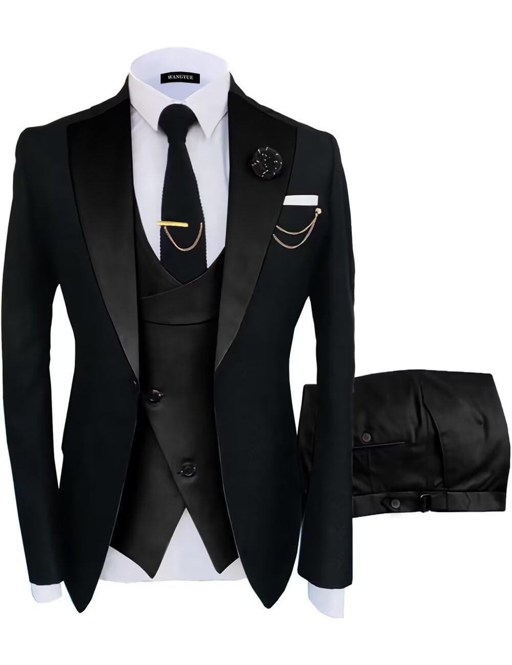 Photo 1 of Wangyue Mens Suits 3 Piece Suits for Men Slim Fit Wedding Prom Tuxedo Formal Business Black Black Suit, XS