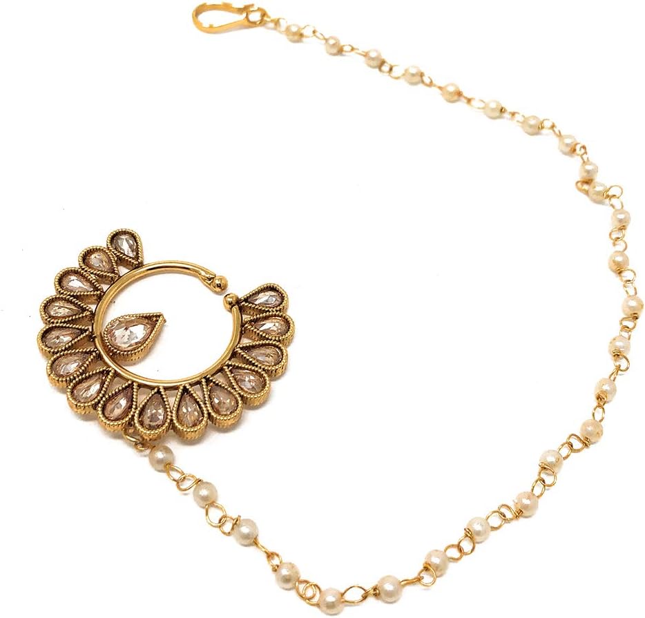 Duel On Jewel Vintage Ethnic Pakistani Indian Gold Plated Bollywood Nose Ring in Kundan