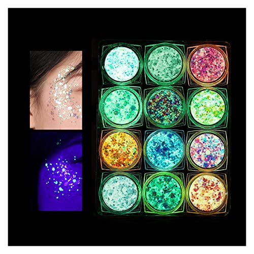 Fluorescente Paillettes per Corpo,Set Glitter Iridescent 12 Colori, Kit Polvere Glitterata,Glitter Cosmetic per Face Nails Occhi Labbra Capelli Corpo, Festival Musicali, Halloween, Feste, Natale
