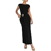 GORGLITTER Women's Short Sleeve Bodycon Maxi Dresses Elegant Classy Metal Summer Teacher Cocktail Party Long Sundresses