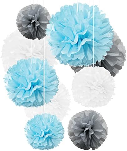 Tissue Paper Pom Poms Light Blue Gray White Decorations - 9Pcs 14" 12" 10" Flower Disco Ball Variety Perfect Decor for Boy Baby Shower Graduation Gender Reveal Birthday Topper Baptism Bautizo Weddings