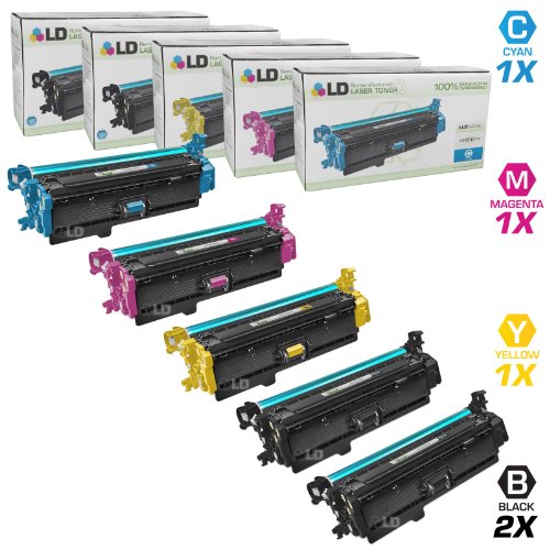 LD Â© Remanufactured Replacements for HP 507X / 507A Set of 5 Toner Cartridges: 2 CE400X High Yield Black, 1 CE401A Cyan, 1 CE402A Yellow, and 1 CE403A Magenta