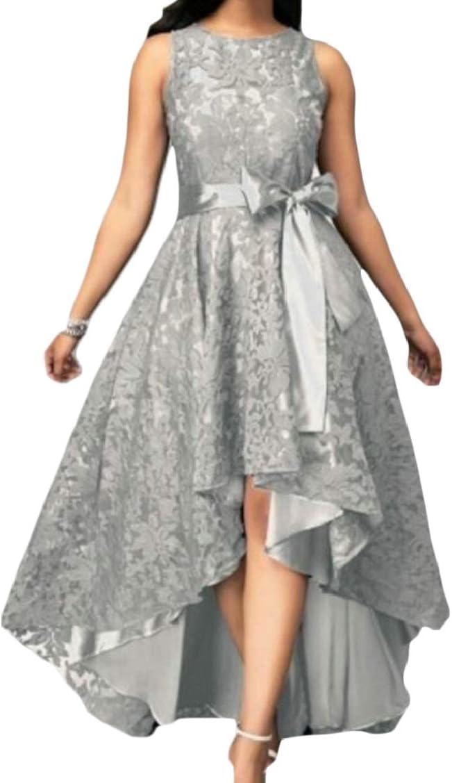 Fensajomon Women Classic High Low Lace Sleeveless Belted Party Cocktail Dress