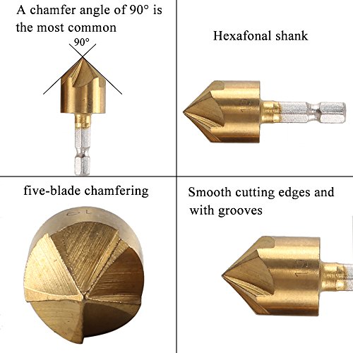 Dayree Countersink Drill Bits Center Punch Tool Sets, 6 pcs 90 Degree HSS 6 mm-19 mm Five-blade Chamfering Cutter and 1 pcs Brass Automatic Punch with 1/4'' Hex Shank for Wood Quick Change Bit