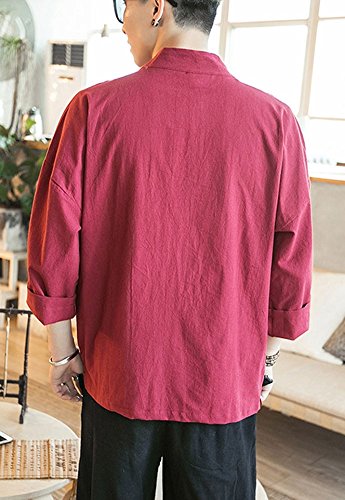 Plaid&Plain Men's Vintage Kimono Cardigan Casual Linen Pocket Cardigan Coat Wine Red L