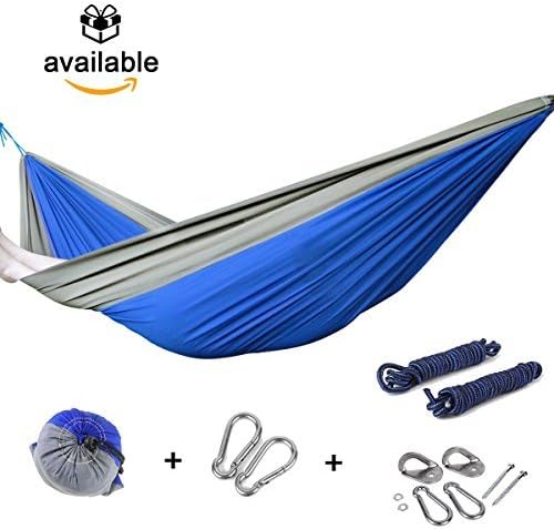 Camping Hammock Set for 2 Persons Blue/Grey - Indoor and Outdoor Hanging Kits - Ultra Durable Nylon By BackyardCamping - Portable Bed for Garden, Camp, Backpacking, Outdoor Adventures - Single/Double